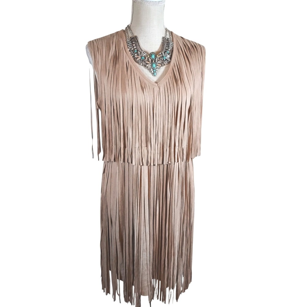 Vocal Fringe Dress Womens Small Tan Faux Suede Tiered Western Boho IM2010D